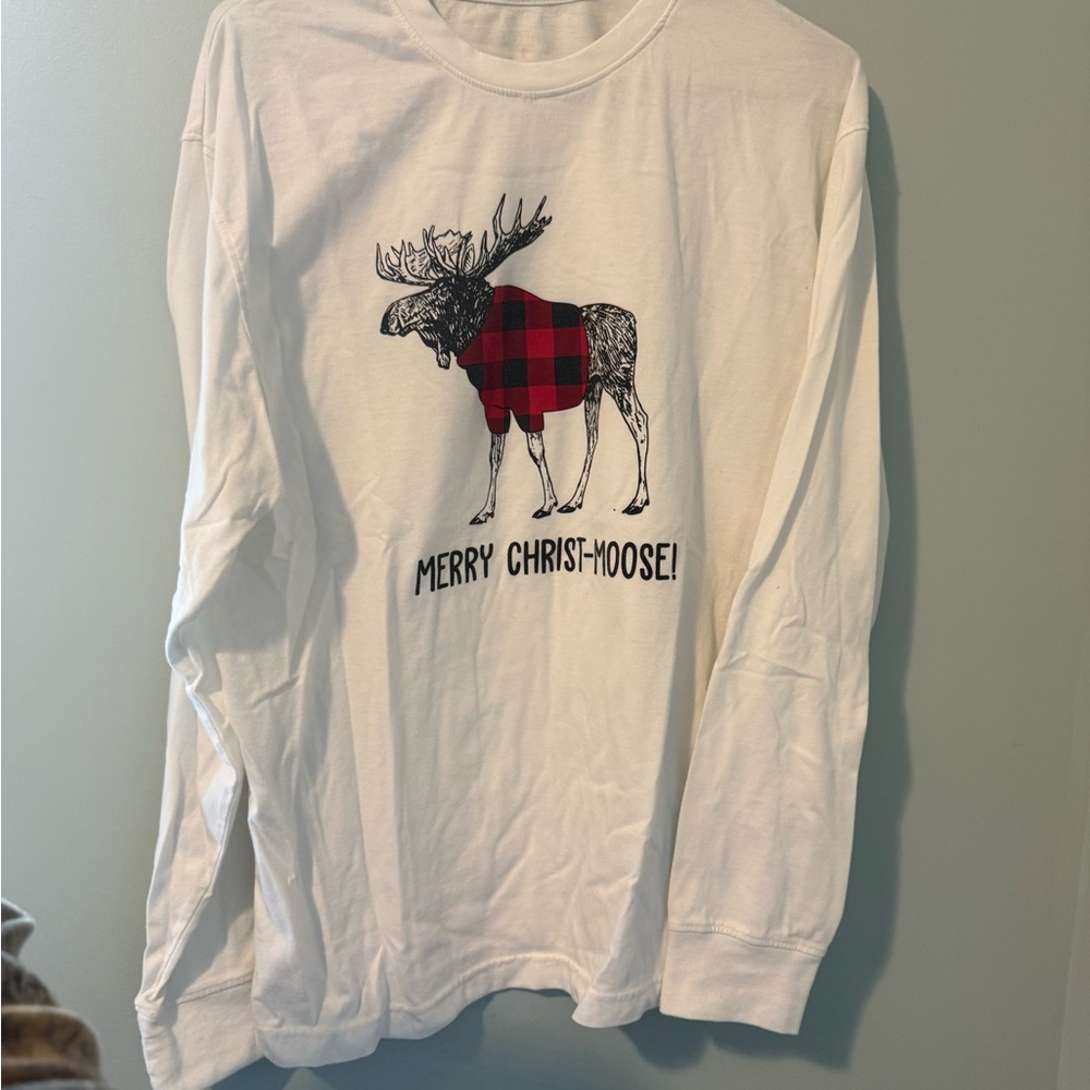 White Long Sleeve Shirt with Moose Graphic